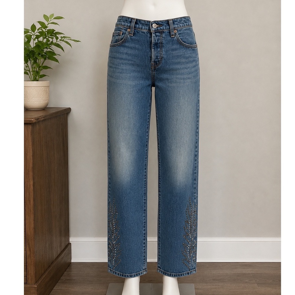 Levis 501 Curve Stretch High Rise Straight Leg Blue Embellished Jeans 30x30